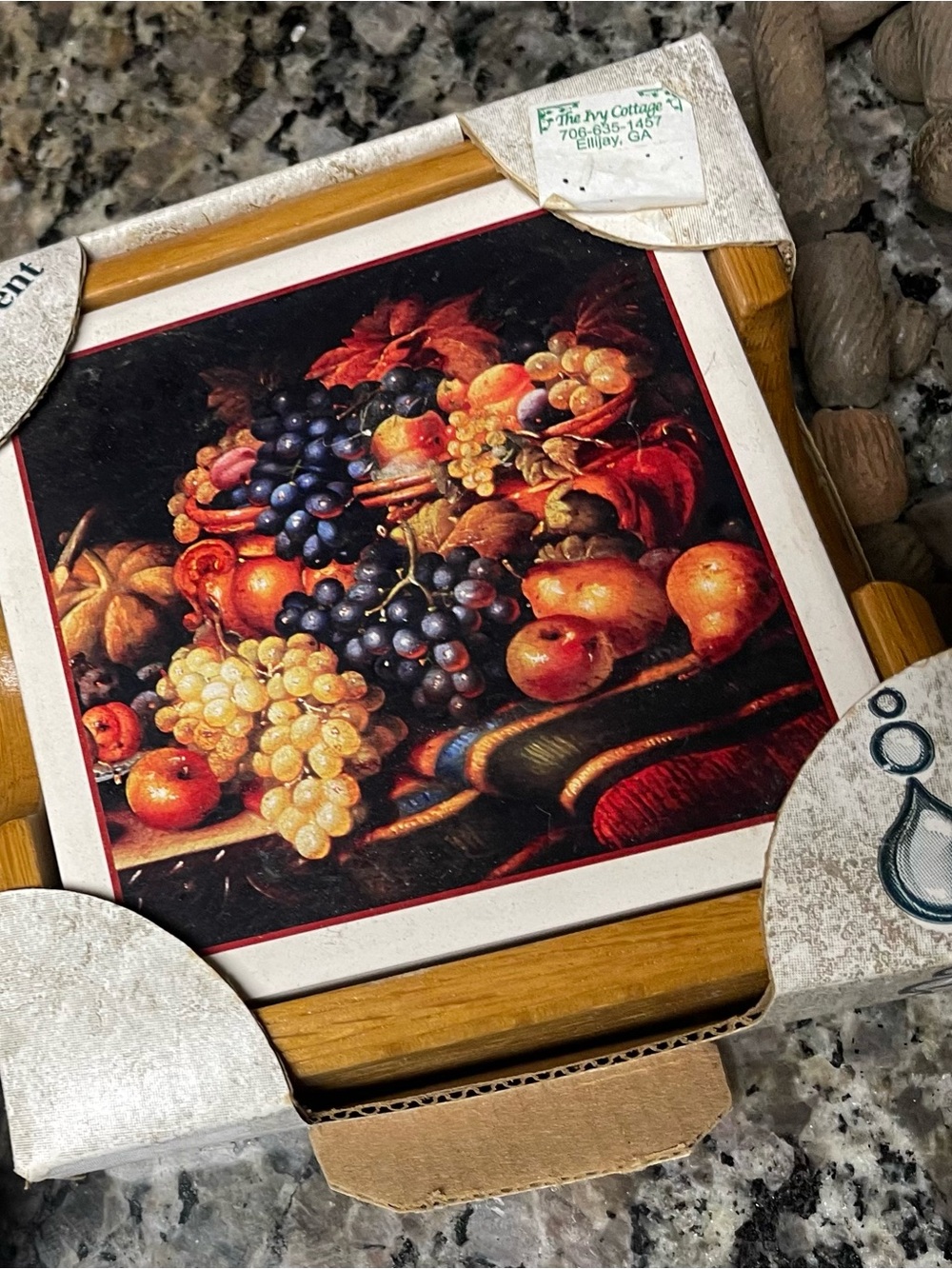 Still Life Fruit Decorative Tile with Brown Frame Accent coaster set